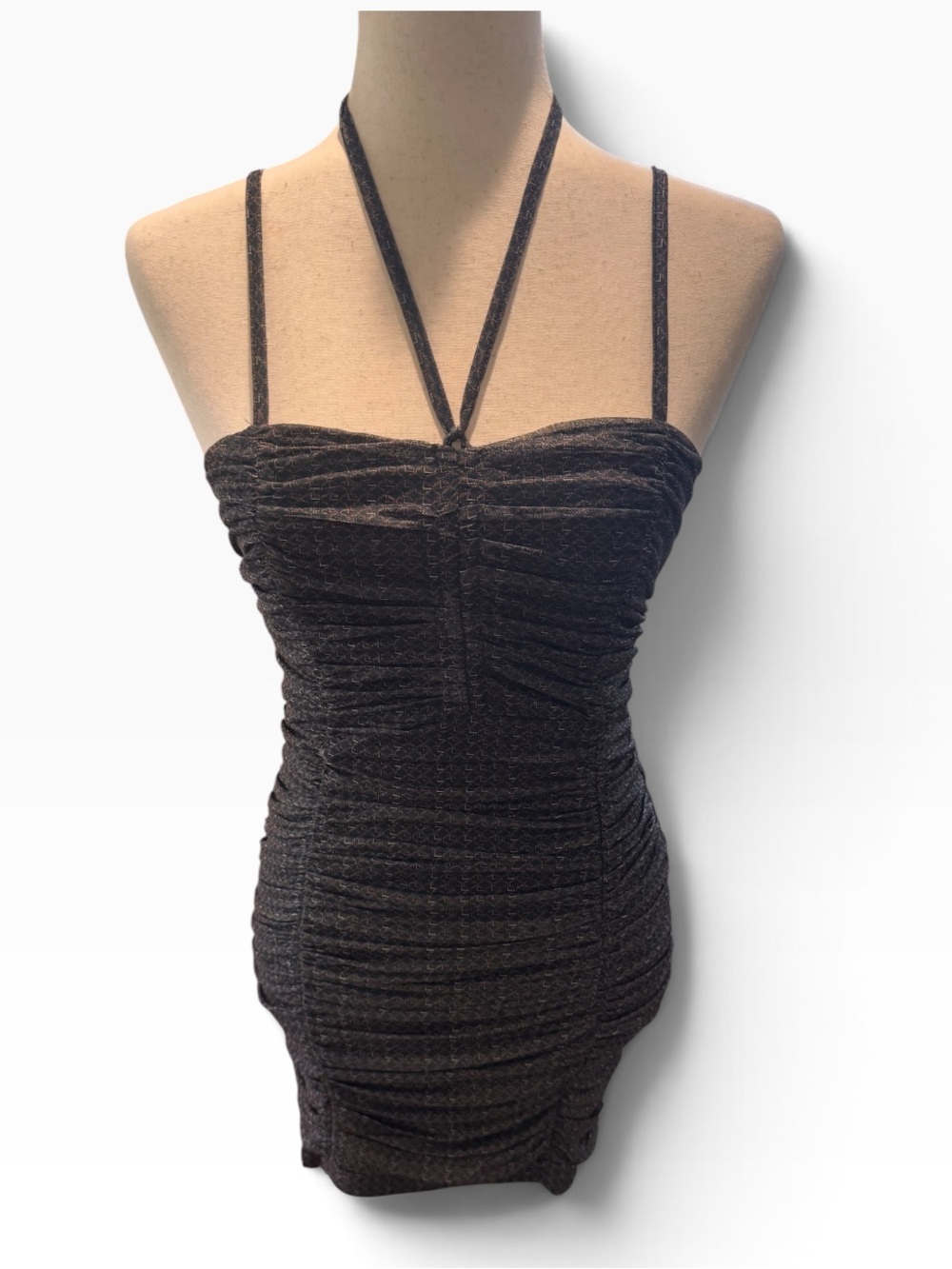 Ruched Metallic Black Cami Dress with Tie Detail